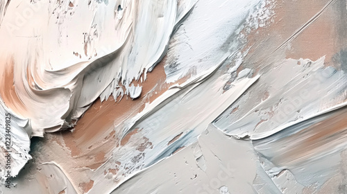 close up of textured white and beige paint strokes on canvas, showcasing intricate layering and blending of colors, creating visually captivating abstract artwork photo