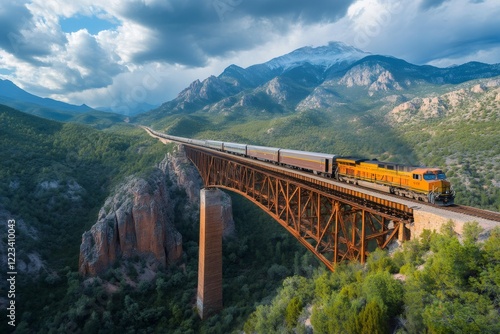 Freight train crossing a bridge in the mountains of New Mexico