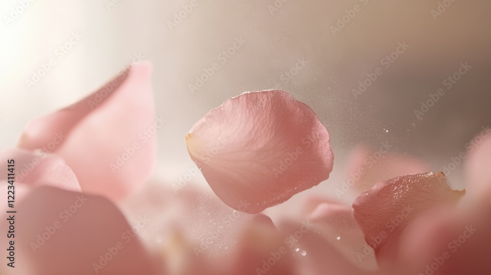 Delicate pink rose petals floating in soft light Delicate pink rose petals floating in soft light
