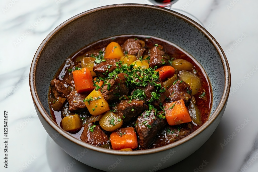 Delicious beef stew with vegetables garnished with parsley in a bowl Delicious beef stew with vegetables garnished with parsley in a bowl