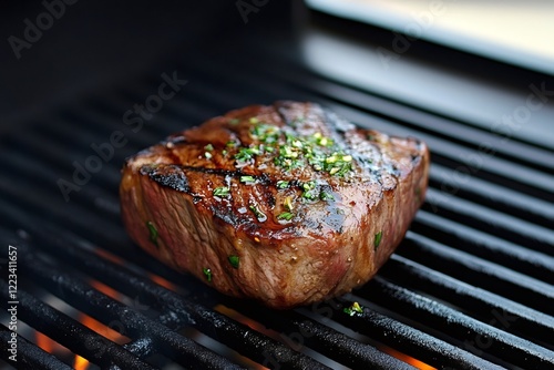 Juicy steak grilling on barbecue grill seasoned with herbs photo