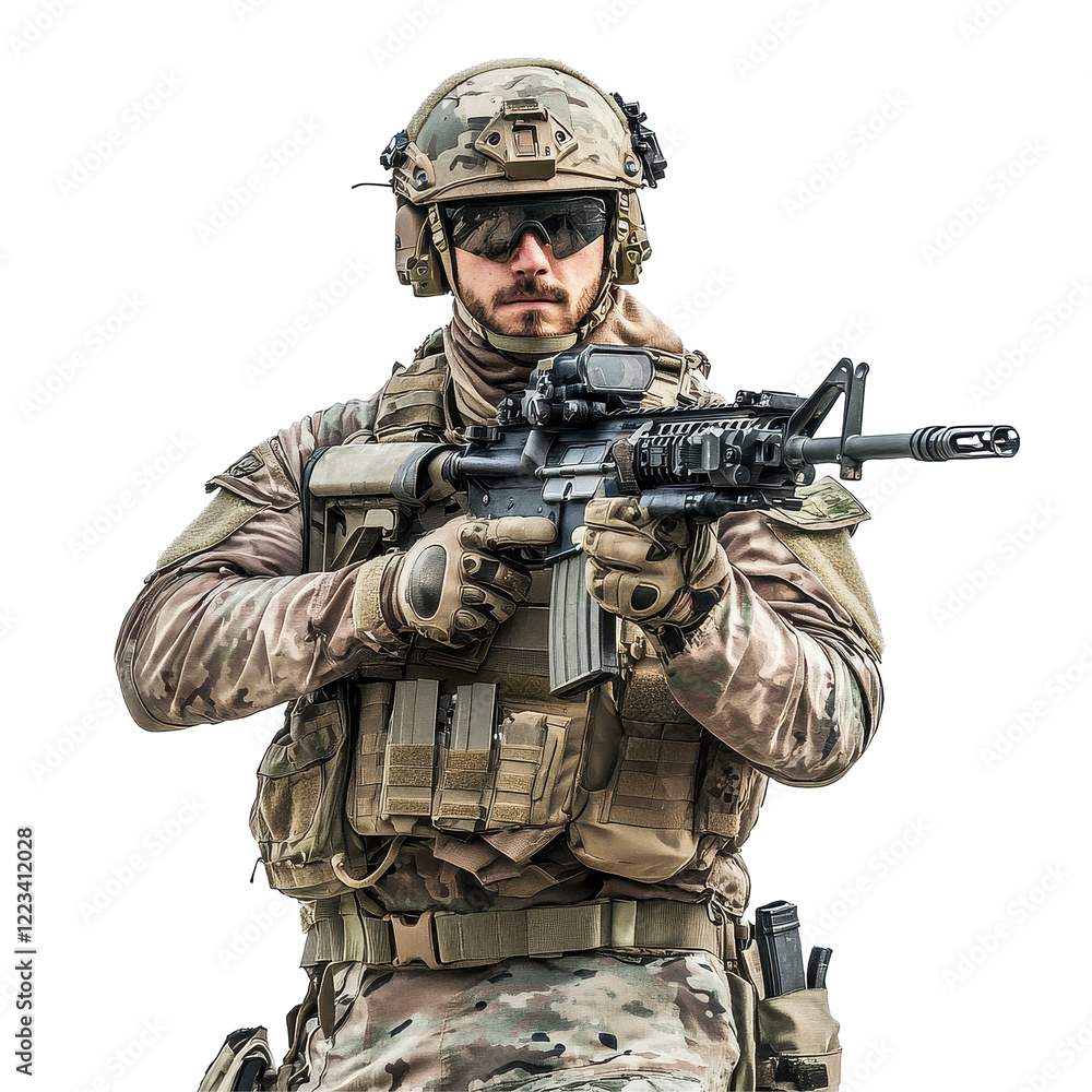 Fully geared soldier confidently holding rifle in combat readiness on a clean white background, Fully Geared Soldier Holding Rifle on white background Fully geared soldier confidently holding rifle in combat readiness on a clean white background, Fully Geared Soldier Holding Rifle on white background