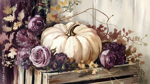 Autumn still life, white pumpkin, purple roses, vintage wooden crate, soft muted colors, romantic floral arrangement, delicate brushstrokes, oil painting style, nostalgic ambiance, rustic elegance