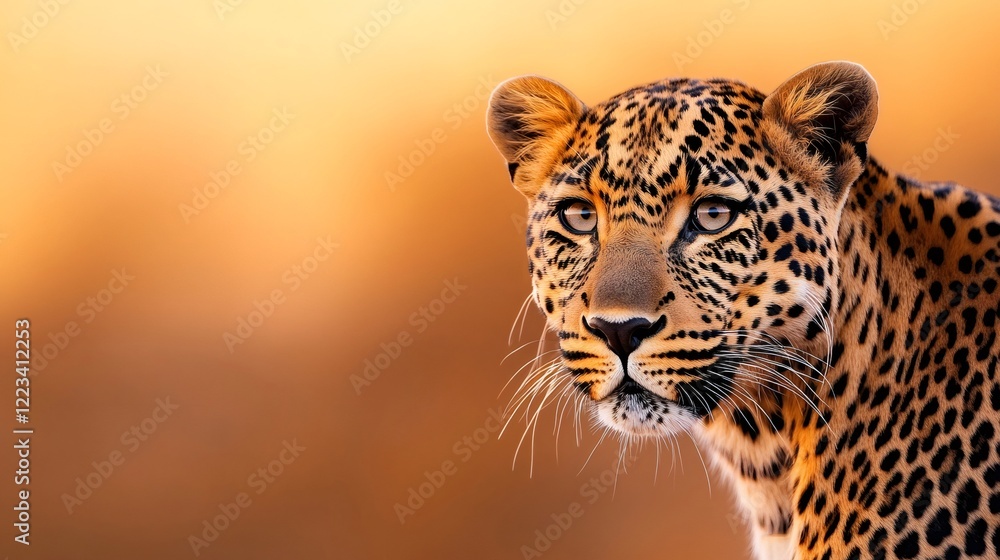 Leopard staring intensely with a blurred golden background at sunset Leopard staring intensely with a blurred golden background at sunset