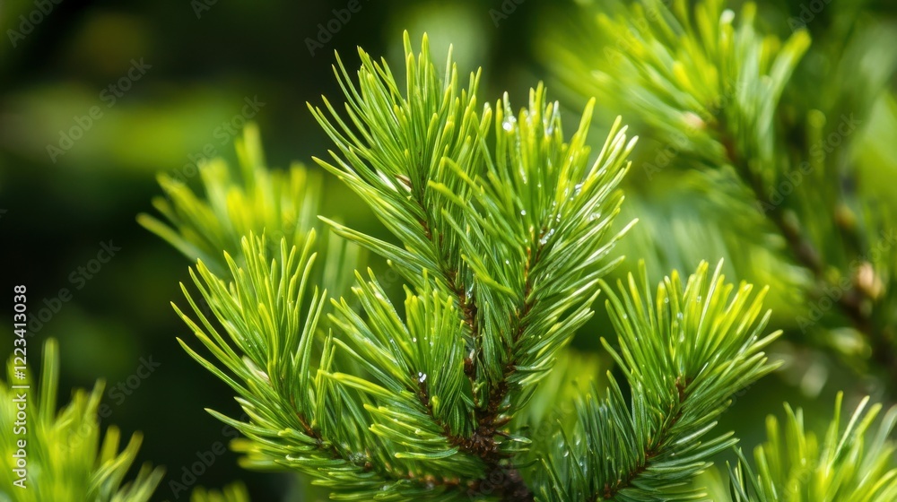 Close-up of pine tree branch with vibrant green needles in natural sunlight Close-up of pine tree branch with vibrant green needles in natural sunlight