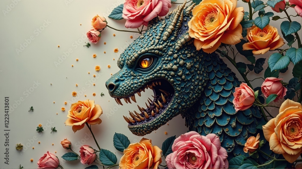 Fierce mythical dragon emerging from colorful rose garden Fierce mythical dragon emerging from colorful rose garden