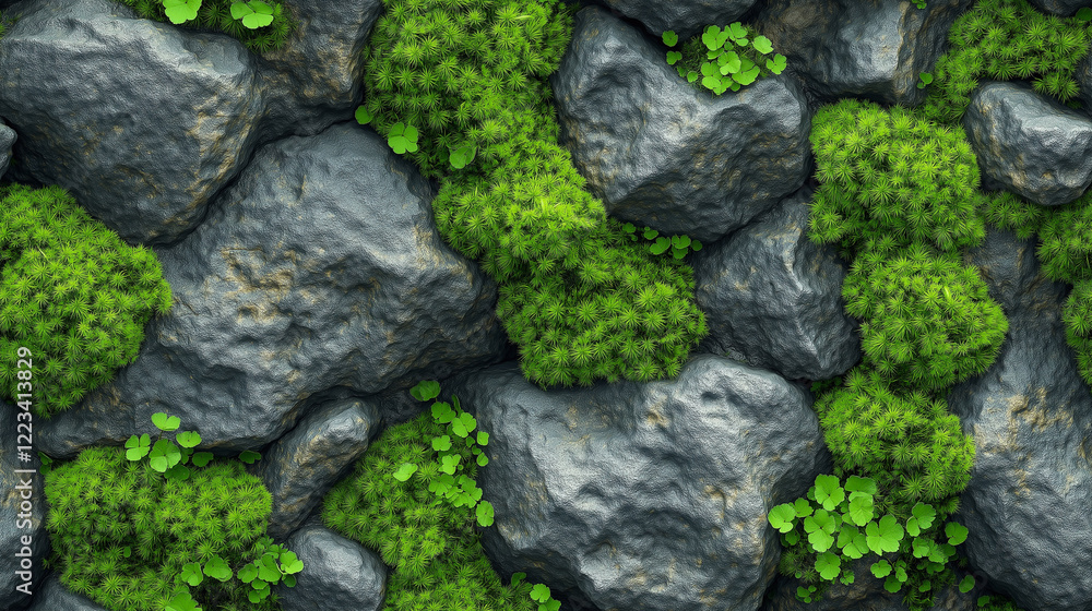 A seamless texture of moss-covered stones with soft green moss growing on rocks. The highly detailed design captures a natural, organic pattern, perfect for nature-inspired projects, backgrounds, and A seamless texture of moss-covered stones with soft green moss growing on rocks. The highly detailed design captures a natural, organic pattern, perfect for nature-inspired projects, backgrounds, and