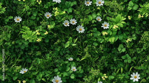 A seamless texture of a lush grass patch with rich green tones, featuring subtle yellow and white flowers. The ultra-detailed design provides a natural and realistic look, perfect for backgrounds, tex