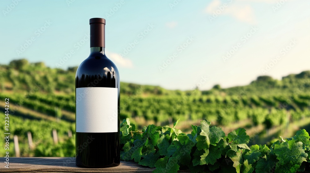 Fototapeta premium A sleek wine bottle stands on a wooden table, overlooking lush green vineyards under a clear sky, inviting wine lovers to indulge in its offerings.
