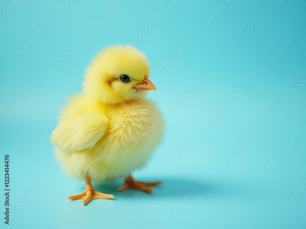 Small yellow chicken standing on light blue background Small yellow chicken standing on light blue background