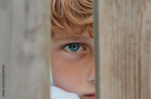 A close-up of a young boy peeking through a gap in a fence, his face filled with uncertainty and fear photo