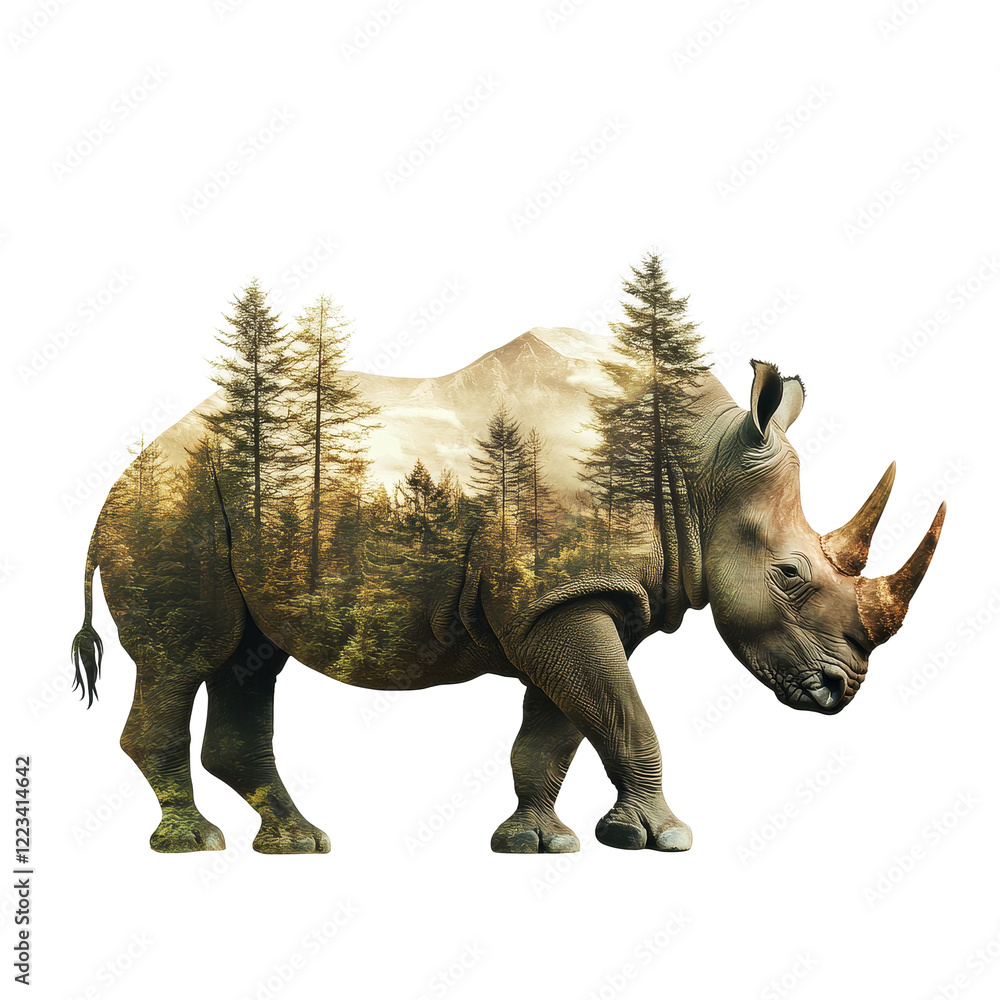 Fototapeta premium Power of nature revealed through double exposure of a rhino and a dense forest landscape, Rhino and forest double exposure, concept of power of the nature with White background