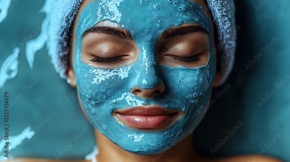 Relaxing Woman Enjoying Facial Mask Treatment with Blue Clay Relaxing Woman Enjoying Facial Mask Treatment with Blue Clay
