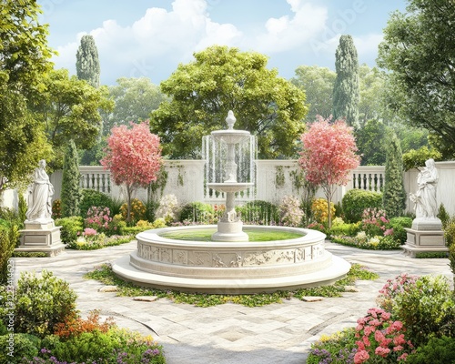 Large fountain and statues in realistic garden with pink green and white color scheme photo