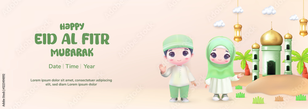 Set Elements Eid Al Fitr illustration concept with 3d cute character Muslim Boy and Girl. Set Elements Eid Al Fitr illustration concept with 3d cute character Muslim Boy and Girl.