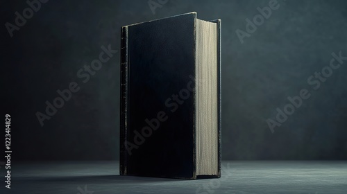 Elegant hardcover book standing upright against a smooth grey backdrop. photo