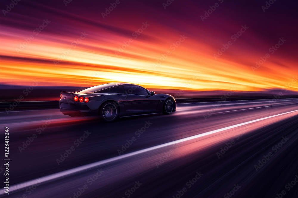 Sleek sports car speeding down an empty highway at sunset, the background showing orange and purple skies with motion blur Sleek sports car speeding down an empty highway at sunset, the background showing orange and purple skies with motion blur