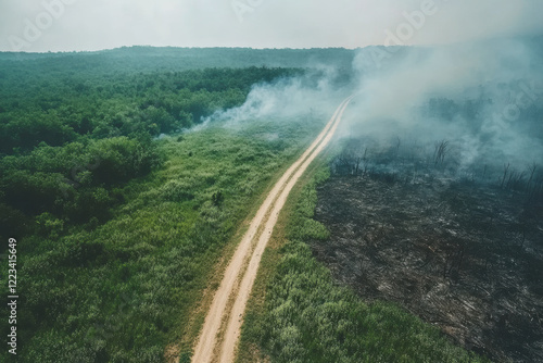 Dirt road dividing lush forest and charred land amid rising smoke in aerial view photo