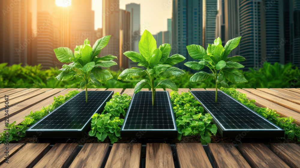 Fototapeta premium Eco friendly energy farm with solar panels and plants in urban setting