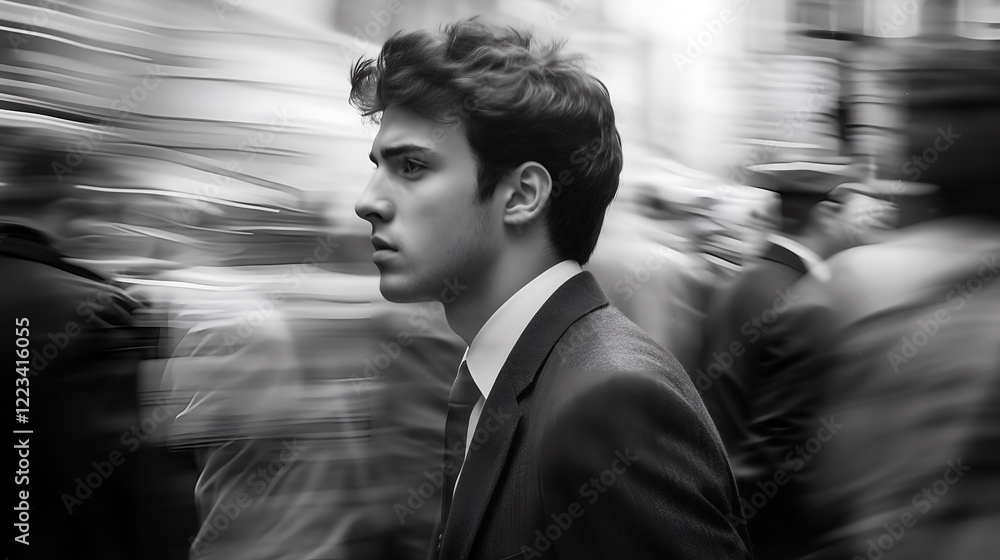 A stylish man walking in a blurred crowd, capturing a moment of urban life and modern lifestyle in black and white A stylish man walking in a blurred crowd, capturing a moment of urban life and modern lifestyle in black and white