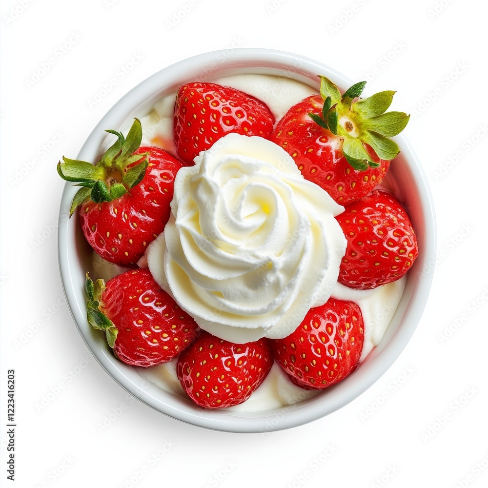 A bowl of ripe strawberries with whipped cream swirls, isolated white background, minimalist art style A bowl of ripe strawberries with whipped cream swirls, isolated white background, minimalist art style