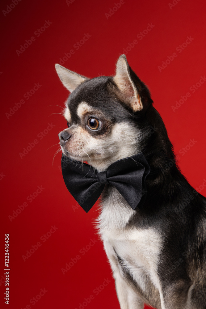 A studio portrait of an adorable Chihuahua dog in a black bow tie, set against a bold red background. Its funny face adds a charming to this shot. A studio portrait of an adorable Chihuahua dog in a black bow tie, set against a bold red background. Its funny face adds a charming to this shot.