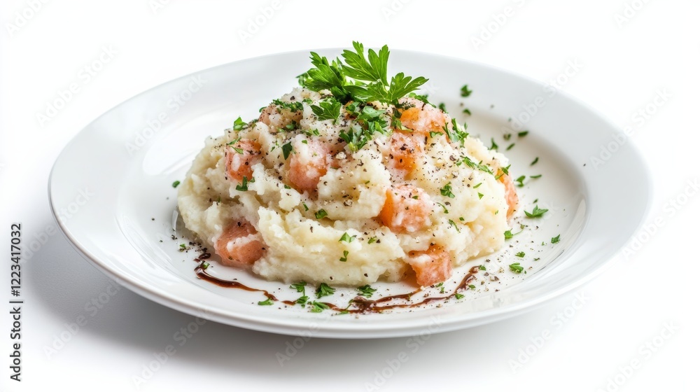 A serving of mashed potatoes garnished with parsley, isolated on a clean white background, A serving of mashed potatoes garnished with parsley, isolated on a clean white background,