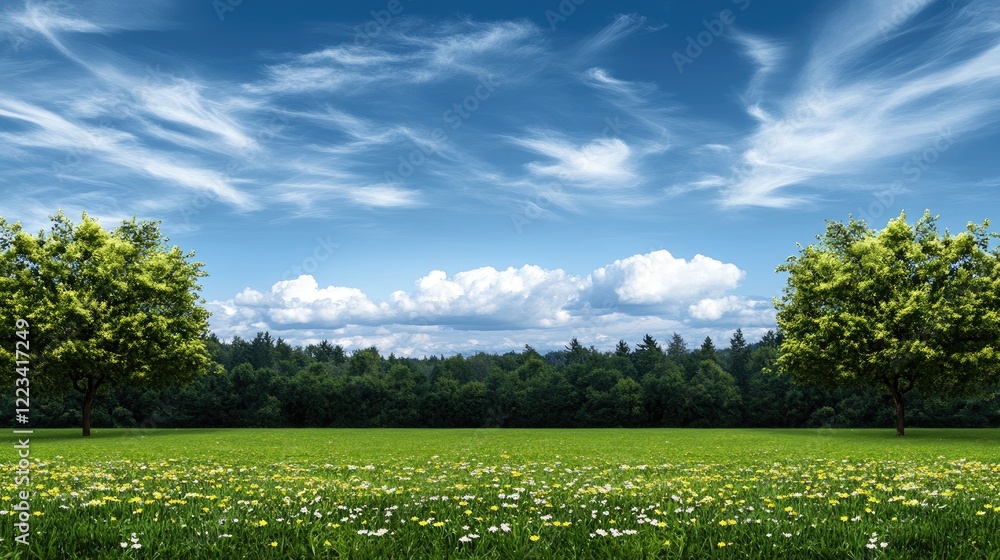 Fototapeta premium Lush green meadow filled with blooming wildflowers and dandelions under a clear blue sky, creating a tranquil spring atmosphere.