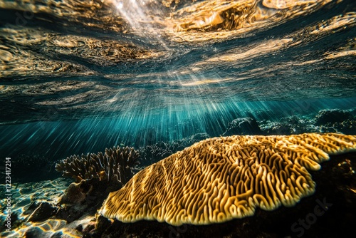 A mesmerizing close-up of brain coral, the intricate patterns and textures illuminated by sunlight filtering through the crystal-clear water above photo