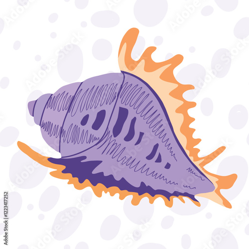 Vector illustration of a seashell in purple tones on a seamless pattern background of spots.