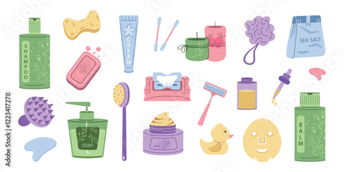 Vector set of cosmetics. A collection of women's skin, hair and hygiene products.