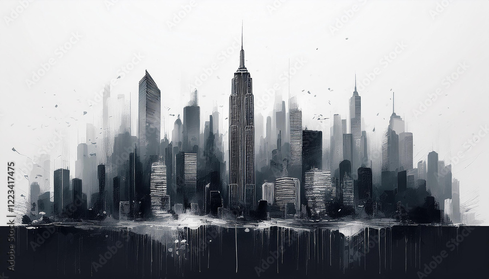 Obraz premium Abstract oil painting of cityscape with towering skyscrapers. Black acrylic paint. Hand drawn art