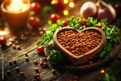 Heart-Shaped Bowl Filled with Pulses, Surrounded by Fresh Herbs on Vibrant Wooden Background photo