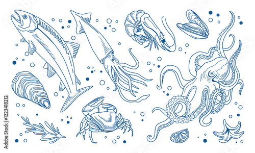 Seafood vector set. Hand drawn marine elements. Octopus, shrimp, langoustines, salmon, trout, oysters, mussels, squid, crab, lemon, rosemary. Coloring book, restaurant menus, vintage illustration.