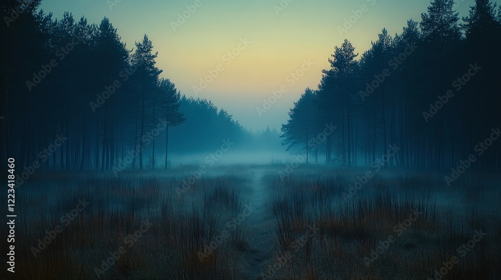 Misty forest path sunrise, tranquil nature scene Misty forest path sunrise, tranquil nature scene