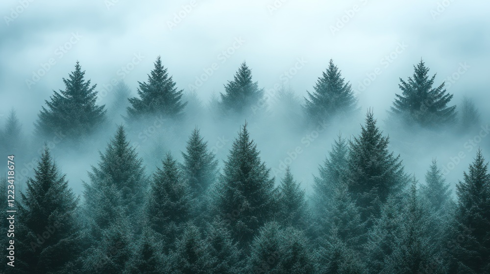 Fototapeta premium Misty forest aerial view, serene landscape, nature background, travel poster