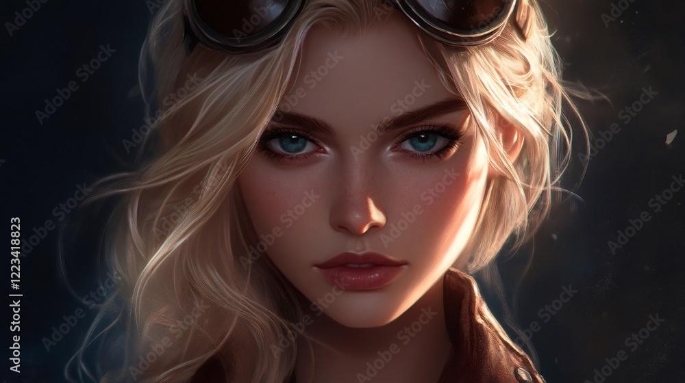 Fototapeta premium Blonde steampunk aviator wearing goggles posing for portrait