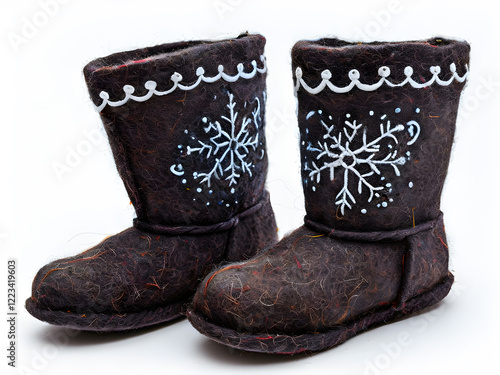 Winter shoes in the form of felt brown felt boots (ugg boots) decorated with white snowflakes. White background. photo