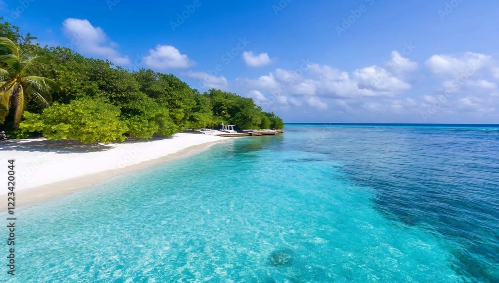 Tropical island beach, turquoise water, palm trees, sunny sky, vacation Tropical island beach, turquoise water, palm trees, sunny sky, vacation