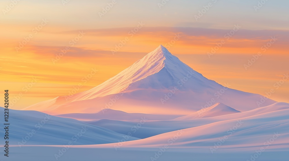 Mountain Peak Towering Over Vast Snowfield With Golden and Peach-Tinted Ice at Sunset, Under Expansive Sky Blending Warm Orange, Soft Pink, and Cyan With Gentle Drifting Clouds, Nature Wallpaper Mountain Peak Towering Over Vast Snowfield With Golden and Peach-Tinted Ice at Sunset, Under Expansive Sky Blending Warm Orange, Soft Pink, and Cyan With Gentle Drifting Clouds, Nature Wallpaper