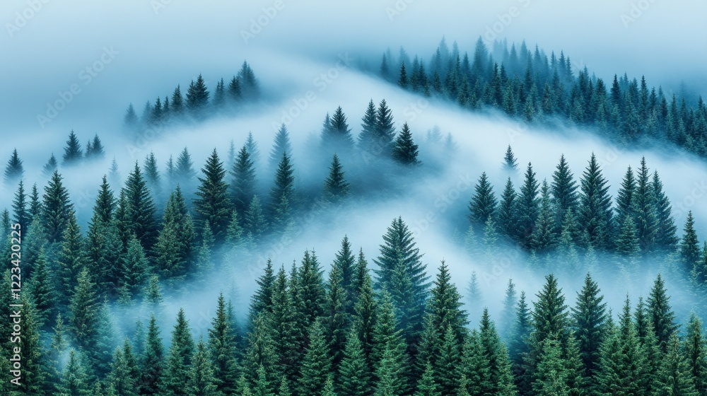 Fototapeta premium Misty mountain forest, sunrise, nature, calm