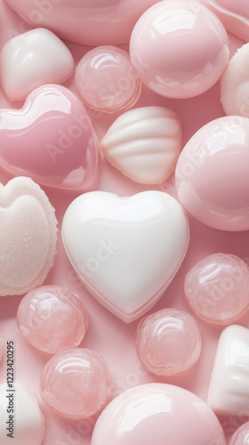Valentines Day heart-shaped candies on pink surface, pastel colors, background