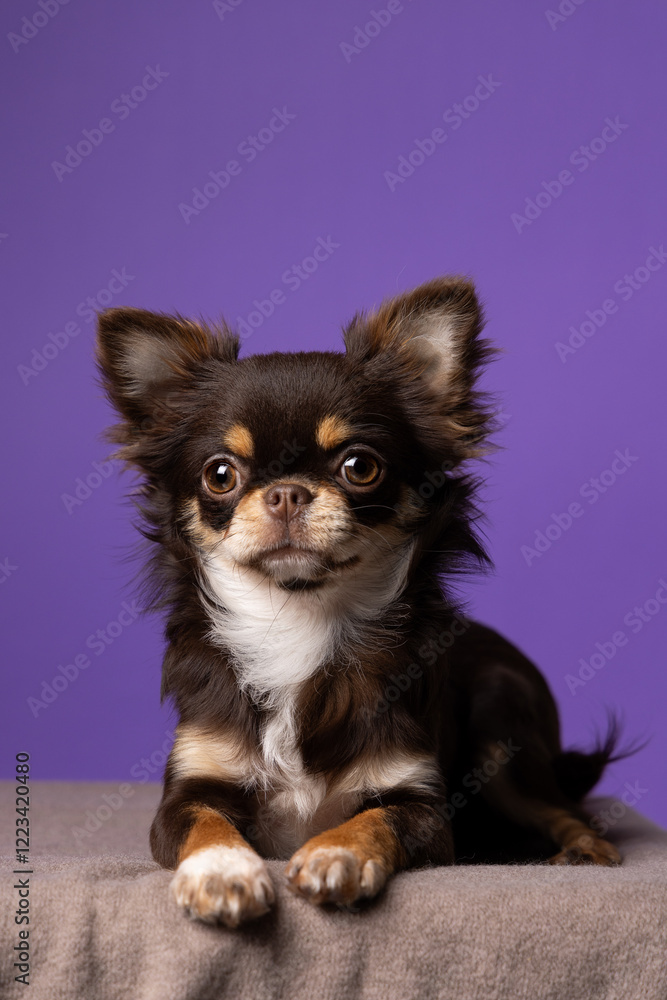 A cute long-haired chocolate Chihuahua in a studio portrait, set against a purple background, showcasing its adorable features and playful charm. A cute long-haired chocolate Chihuahua in a studio portrait, set against a purple background, showcasing its adorable features and playful charm.