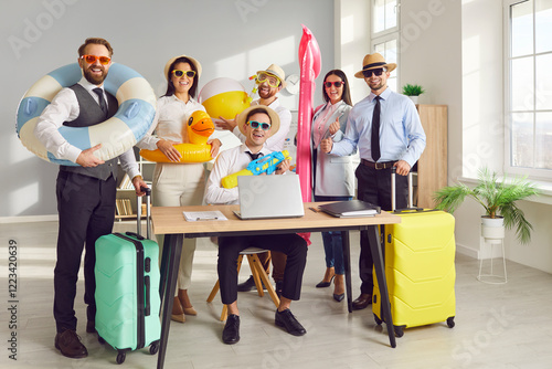 Canvastavla Working in office, business coworkers transition from work to vacation mode, with inflatable rings and suitcases