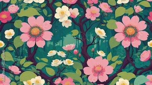 Wallpaper Mural 豊かな花, ロマンチックスタイル, 装飾的背景, ヴィンテージ装飾, イラスト自然, フローラルテキスタイル, 詳細なデザイン, 花の風景, イラスト庭園, 自然の魔法, 調和のとれた色彩, リラックスした雰囲気 Torontodigital.ca