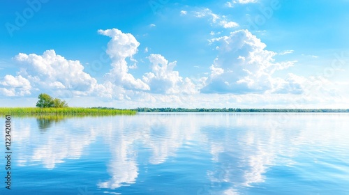 Serene lake reflecting clouds, tranquil summer day, nature landscape, ideal for travel brochures