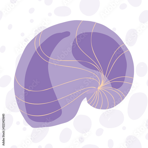 Vector design featuring a seashell in purple hues over a seamless background of dots.