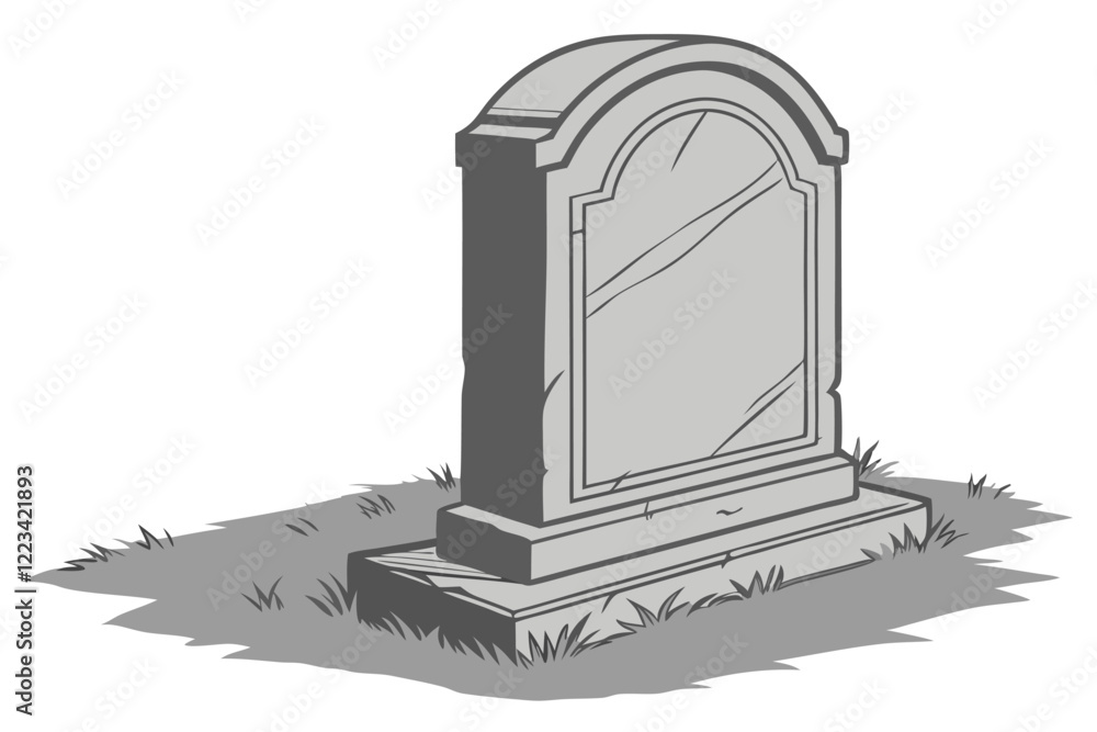Fototapeta premium Blank tombstone, gray granite headstone, arched top, cemetery monument, weathered stone texture, isolated on white background, memorial marker, graveyard sculpture, solemn atmosphere, realistic render