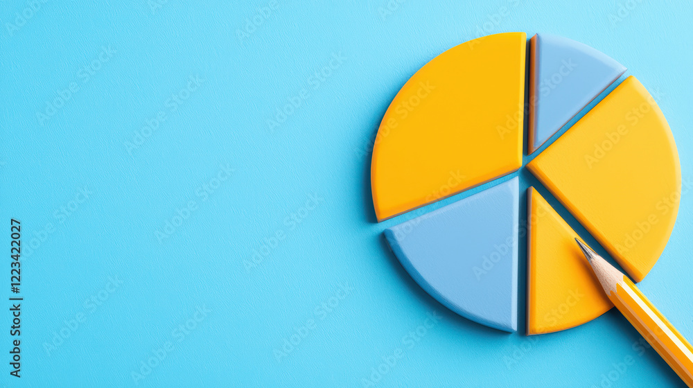 Fototapeta premium Colorful pie chart on blue background with pencil