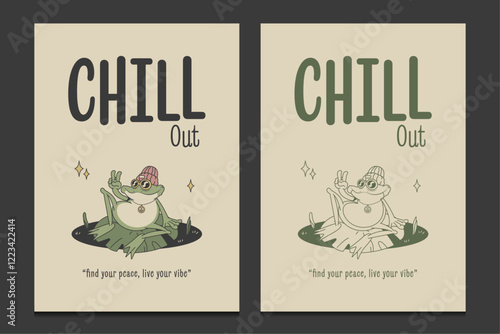 retro frog wall art featuring a cute cartoon character, retro 70s poster, vector illustration